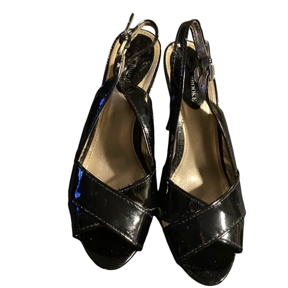 Audrey Brooke Blk Platform Heels Sling Back Peep Toe Faux Patent Leather 4" 10M